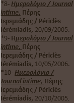 *8- Ημερολόγιο / Journal intime, Πέρης Ιερεμιάδης / Périclès Iérémiadis, 20/09/2005. *9- Ημερολόγιο / Journal intime, Πέρης Ιερεμιάδης / Périclès Iérémiadis, 10/05/2006. *10- Ημερολόγιο / Journal intime, Πέρης Ιερεμιάδης / Périclès Iérémiadis, 20/10/2005.