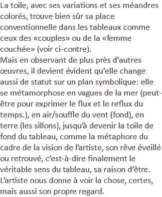 La toile, avec ses variations et ses méandres colorés, trouve bien sûr sa place conventionnelle dans les tableaux comme ceux des «couples» ou de la «femme couchée» (voir ci-contre). Mais en observant de plus près d’autres œuvres, il devient évident qu’elle change aussi de statut sur un plan symbolique: elle se métamorphose en vagues de la mer (peut-être pour exprimer le flux et le reflux du temps.), en air/souffle du vent (fond), en terre (les sillons), jusqu’à devenir la toile de fond du tableau, comme la métaphore du cadre de la vision de l’artiste, son rêve éveillé ou retrouvé, c’est-à-dire finalement le véritable sens du tableau, sa raison d’être. L’artiste nous donne à voir la chose, certes, mais aussi son propre regard.