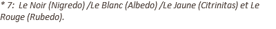 * 7: Le Noir (Nigredo) /Le Blanc (Albedo) /Le Jaune (Citrinitas) et Le Rouge (Rubedo).