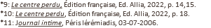 *9: Le centre perdu, Édition française, Ed. Allia, 2022, p. 14,15. *10: Le centre perdu, Édition française, Ed. Allia, 2022, p. 18. *11: Journal intime, Péris Iérémiadis, 03-07-2006.