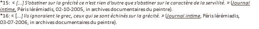 *15: « [...] S’obstiner sur la grécité ce n’est rien d’autre que s’obstiner sur le caractère de la servilité. » (Journal intime, Péris Iérémiadis, 02-10-2005, in archives documentaires du peintre). *16: « [...] Ils ignoraient le grec, ceux qui se sont échinés sur la grécité. » (Journal intime, Péris Iérémiadis, 03-07-2006, in archives documentaires du peintre).