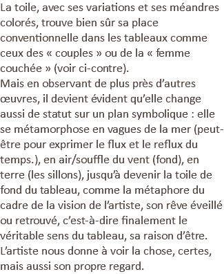 La toile, avec ses variations et ses méandres colorés, trouve bien sûr sa place conventionnelle dans les tableaux comme ceux des « couples » ou de la « femme couchée » (voir ci-contre). Mais en observant de plus près d’autres œuvres, il devient évident qu’elle change aussi de statut sur un plan symbolique : elle se métamorphose en vagues de la mer (peut-être pour exprimer le flux et le reflux du temps.), en air/souffle du vent (fond), en terre (les sillons), jusqu’à devenir la toile de fond du tableau, comme la métaphore du cadre de la vision de l’artiste, son rêve éveillé ou retrouvé, c’est-à-dire finalement le véritable sens du tableau, sa raison d’être. L’artiste nous donne à voir la chose, certes, mais aussi son propre regard.