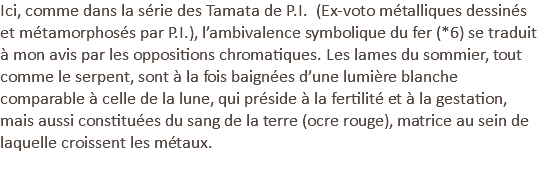 Ici, comme dans la série des Tamata de P.I. (Ex-voto métalliques dessinés et métamorphosés par P.I.), l’ambivalence symbolique du fer (*6) se traduit à mon avis par les oppositions chromatiques. Les lames du sommier, tout comme le serpent, sont à la fois baignées d’une lumière blanche comparable à celle de la lune, qui préside à la fertilité et à la gestation, mais aussi constituées du sang de la terre (ocre rouge), matrice au sein de laquelle croissent les métaux. 